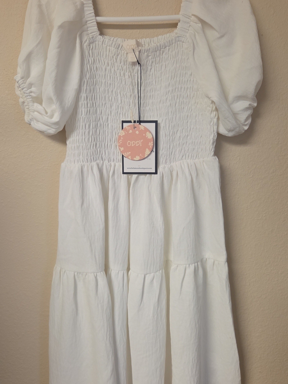 ODDI White Smocked Puff Sleeve Girls' Casual Dress